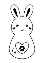 Retro Groovy Easter bunny clipart. Happy Easter day. Black and white bunny doodle in cartoon flat style. Hand draw vector illustration
