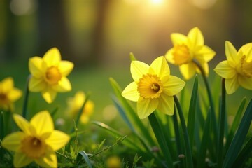 Fototapeta premium Golden Hour Daffodils Blooming in a Lush Meadow, bathed in the warm glow of the setting sun, showcasing their vibrant yellow petals and delicate green foliage.