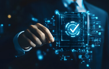 Businessman interacting with futuristic technology interface for digital solutions