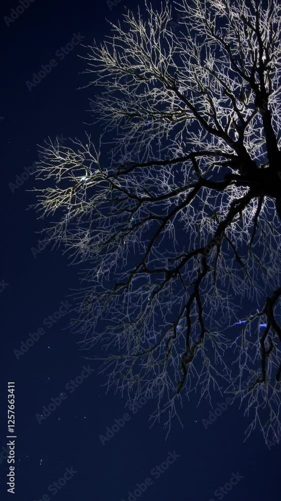 Poster an ancient tree with glowing branches under a celestial moon, creating a mystical