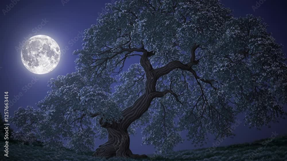 Leinwandbilder an ancient tree with glowing branches under a celestial moon, creating a mystical