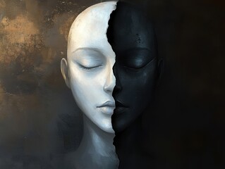 Serene face split between light and dark, symbolizing the highs and lows of bipolar disorder