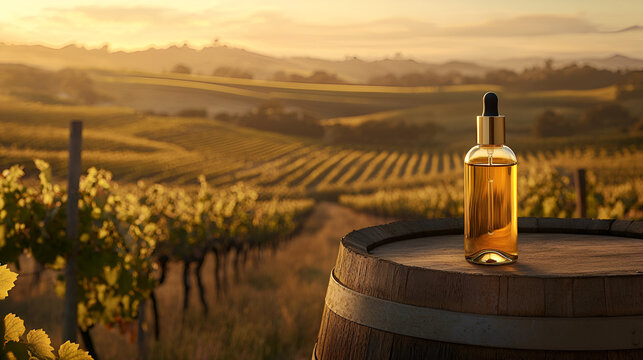 Aromatic Elixir: Golden bottle with dropper on barrel top with vineyard backdrop at sunset.