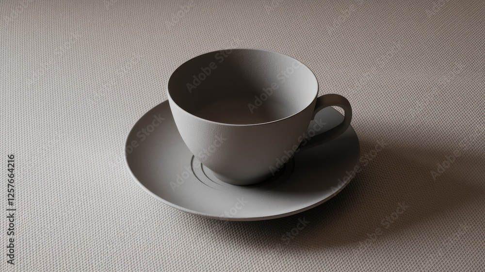 Poster A simple, empty grey teacup rests on a matching saucer on a textured surface.