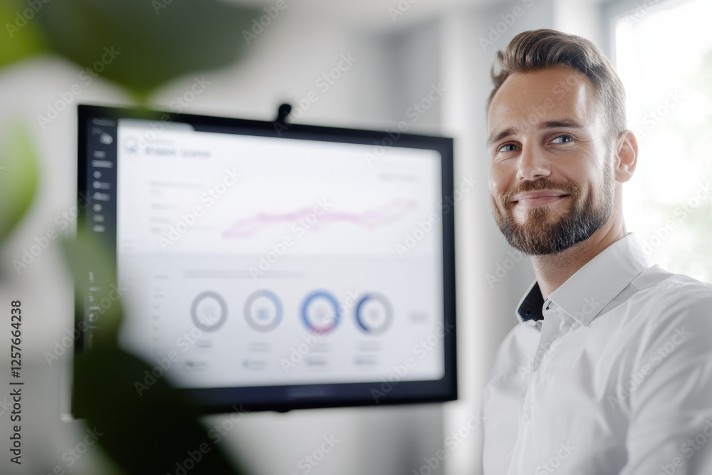 Poster efficient business professional analyzing cybersecurity metrics on screen