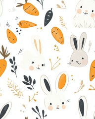 Cute rabbits and carrots on a white background.