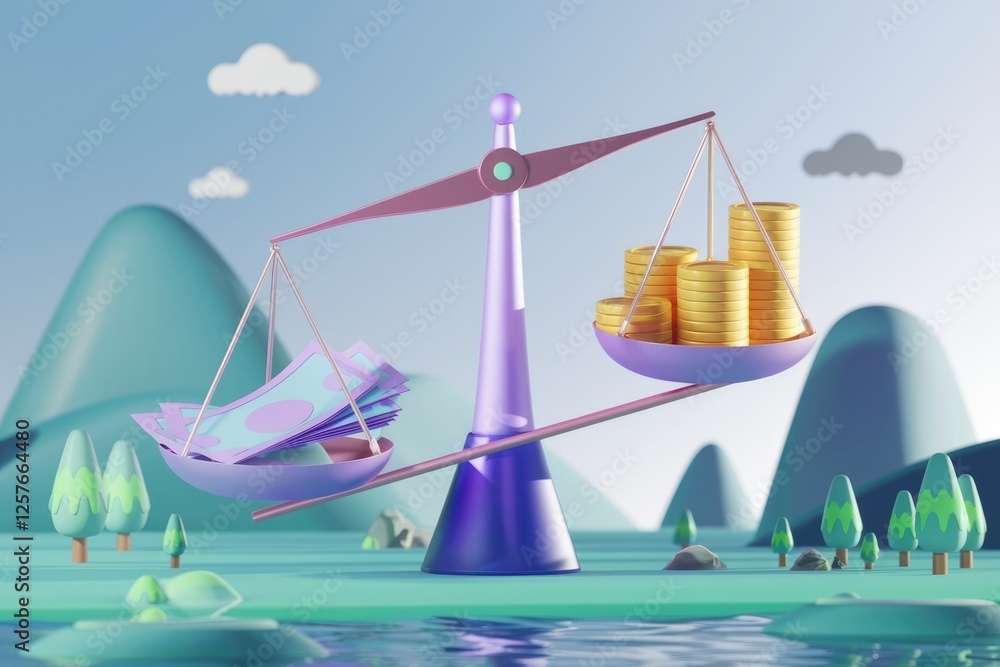 Aufkleber a 3d rendering of a scale balancing cash and gold coins, symbolizing financial comparison and invest