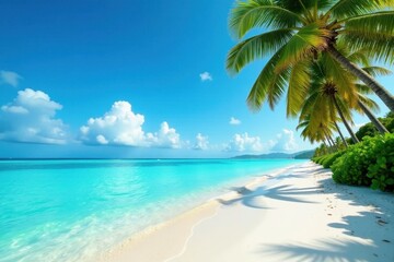 Azure water laps white sand, palm trees sway gently , blue, warm, beach