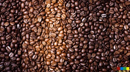 Roasted Coffee Beans, Overhead View, Selective Focus, Gradient Arrangement, Vibrant Colors