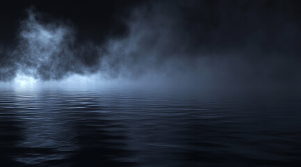Fototapeta premium A dark ocean with fog and storm clouds in the background. The scene is dark, with deep blue tones, creating an atmosphere of mystery or desolation. In front, there is calm water, reflecting light from