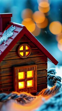 Cozy miniature wooden house with glowing windows, surrounded by snow and festive bokeh lights