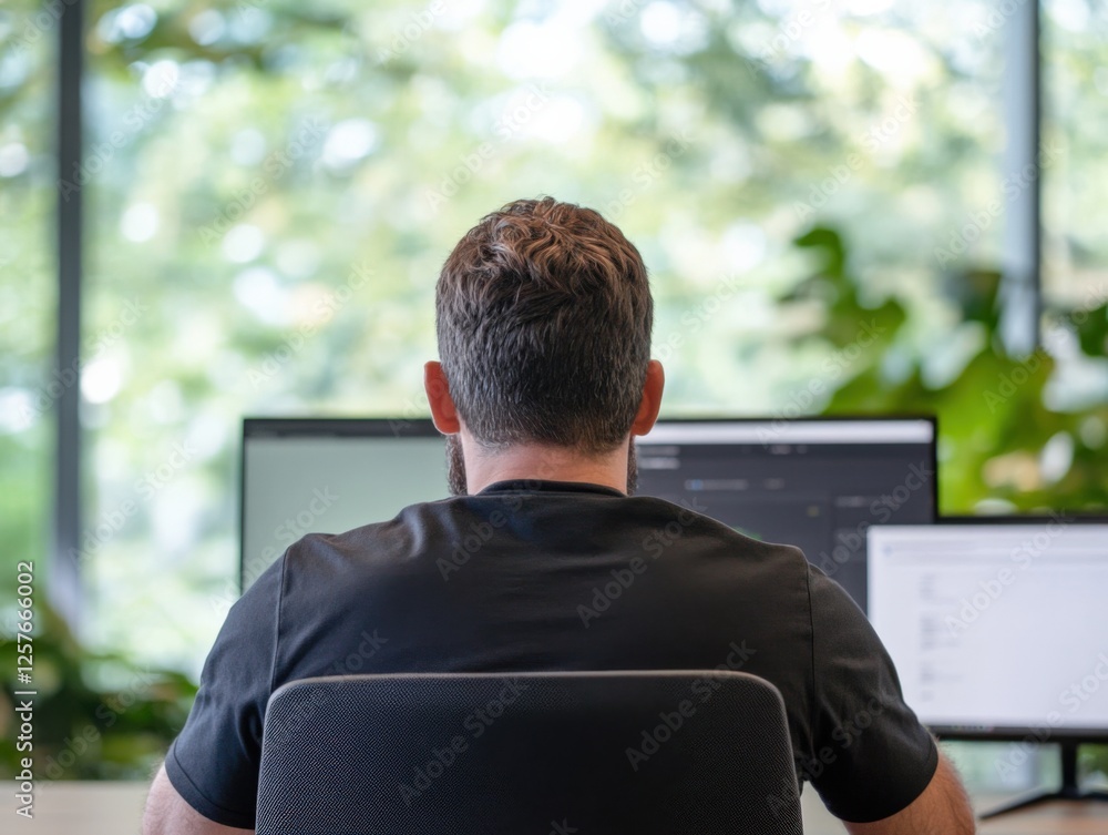 Wall mural man working on computer at desk.