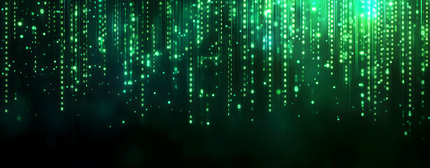 Abstract Green Digital Rain Background Image with Glowing Particles and Lines