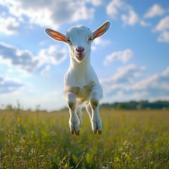 young goat leaping and playing in a wide-open field, its soft fur and playful antics adding joy to the picturesque rural setting