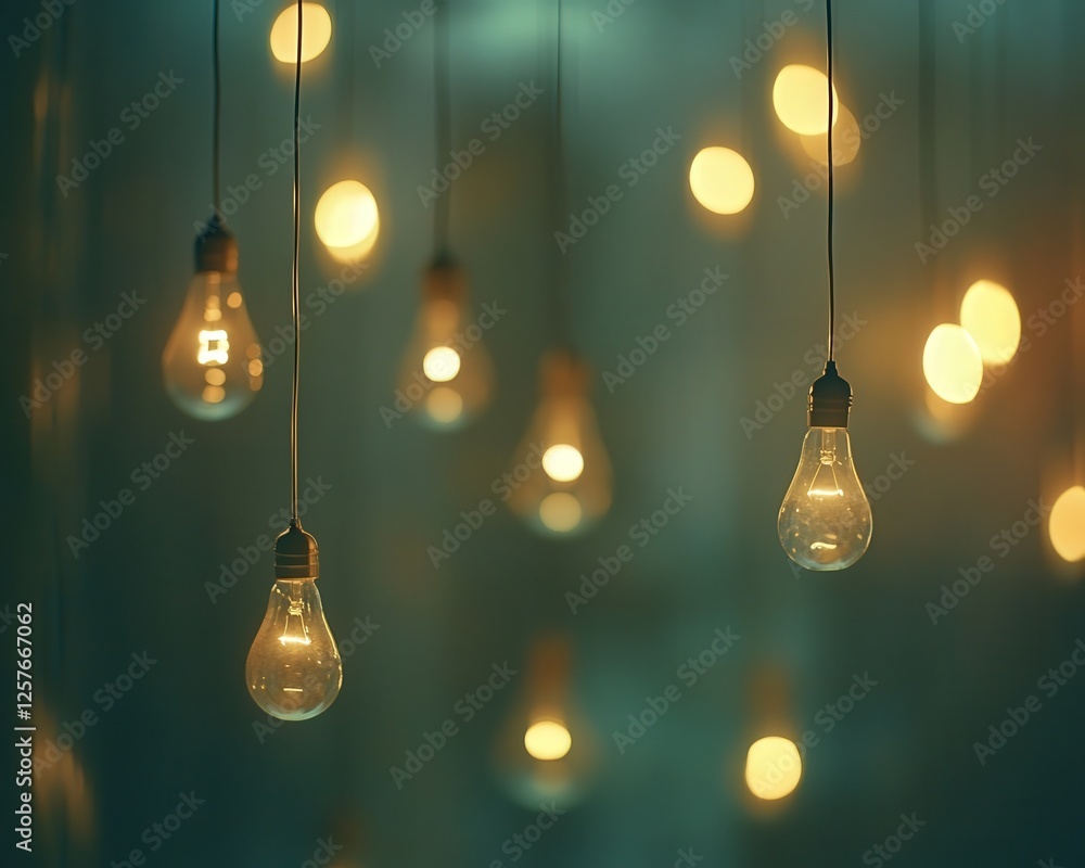 Poster light bulbs hanging from a wire, with the bokeh effect in the background transforming the scene into