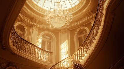 interior with a majestic dome, adorned with intricate designs, and a glittering chandelier casting soft light across the elegant surroundings.