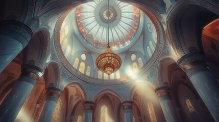 interior with a majestic dome, adorned with intricate designs, and a glittering chandelier casting soft light across the elegant surroundings.