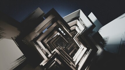 Abstract 3D rendering of a complex geometric structure, resembling a futuristic cityscape under a...