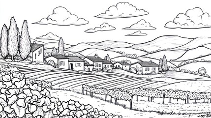 Fototapeta premium Tuscan hillside village, vineyards, rolling hills, sunny day, idyllic landscape, travel poster
