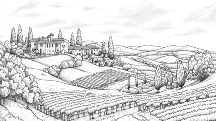 Tuscan villa vineyard landscape, rolling hills, wine country, idyllic setting; postcard