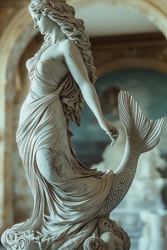 Sea nymphs Nereids. Marble statue in museum. Ancient Greek and Roman mythology. Horizontal image.