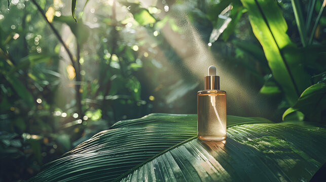 Botanical elixir: natural beauty mist amidst lush foliage, radiant sunlight. Freshness in a serene setting.