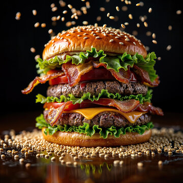 Appetizing Tripple hamburger with bacon, cheddar and tomato