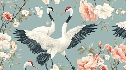 Elegant cranes and floral seamless pattern design nature digital art vibrant colors aesthetic detailed render of seamless pattern