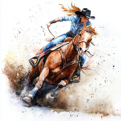 Illustration of barrel racing, horse and riders running around barrels in the fastest time. 