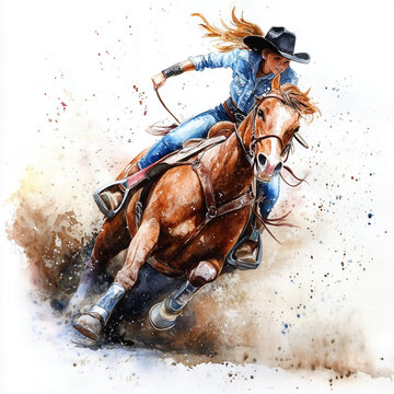 Illustration of barrel racing, horse and riders running around barrels in the fastest time. 