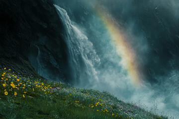 A vibrant rainbow over a majestic waterfall in Iceland.
