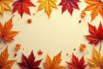 Autumnal Leaf Border Design Featuring Vibrant Red and Orange Foliage on a Cream Background