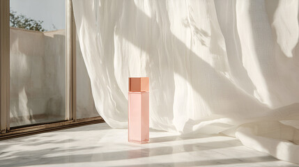 Elegant simplicity: Peach-toned bottle in a sunlit room, showcasing minimalist design and subtle color palette.