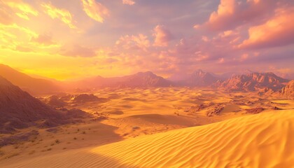 Naklejka premium A sprawling desert landscape with golden sand dunes and a vibrant sunset sky