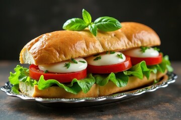 A delicious and appetizing fresh sub sandwich featuring mozzarella, tomato, and lettuce on a crusty roll, presented on a silver platter
