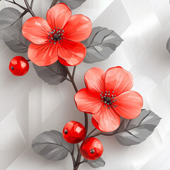 Red flowers with gray leaves and red berries against a geometric light gray background create a modern floral design.