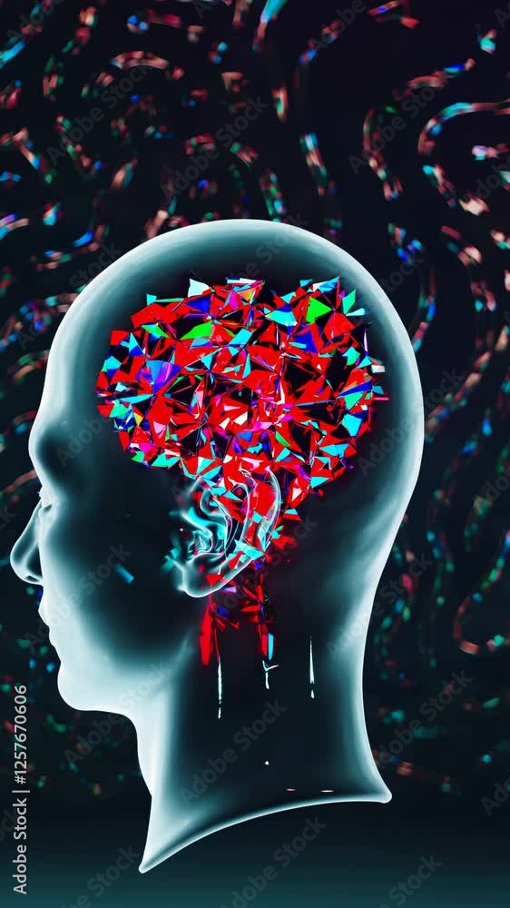 Poster geometric shapes forming and transforming within a human head, creating a surreal and futuristic visualization