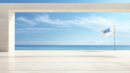 Obraz premium Modern Minimalist Architecture Exterior View with Ocean View and Flag