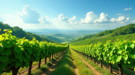 Fototapeta premium Serene vineyard landscape showcasing rows of lush green grapevines extending towards a picturesque valley under a vibrant summer sky