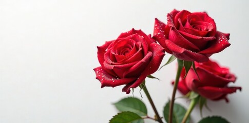 Three velvety red roses, adorned with sparkling water droplets, against a crisp white backdrop , white, bloom, vibrant