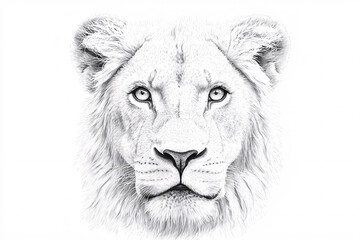 Obraz premium Detailed monochrome drawing of a lion's face, showcasing its fur texture and intense gaze, against a stark white background.