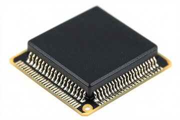 Close-up of a square, black integrated circuit chip with numerous metallic pins, isolated against a white background.