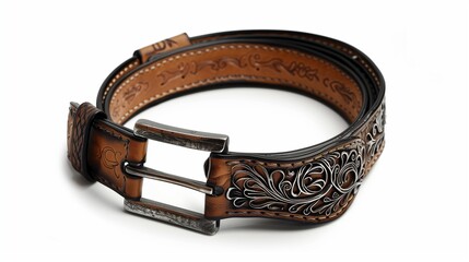 A luxury designer belt with an engraved metal buckle and fine leather strap, isolated on white. The elegant branding and high-quality material emphasize sophistication.