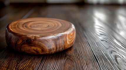 Wooden disc on dark wood table, sunlight. Product display