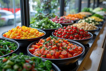 A restaurant for vegetarians, a buffet of vegetables, a restaurant of healthy farm products. Sliced vegetables and vegetable salads. The all-inclusive concept