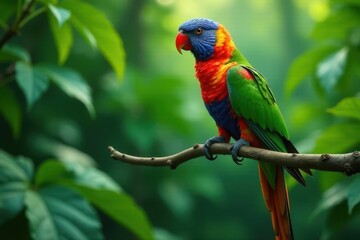 Obraz premium A Vibrant Rainbow Lorikeet Perched Gracefully on a Branch Amidst Lush Greenery, a Stunning Display of Avian Beauty in a Natural Habitat