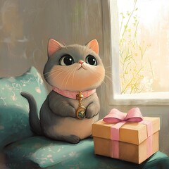 Cute gray kitten with a medal sitting beside a gift box near a sunny window in a cozy room