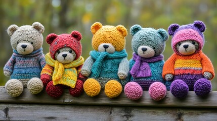 Handcrafted knitted teddy bears in vibrant colors outdoor setting toy collection natural background close-up view craftsmanship