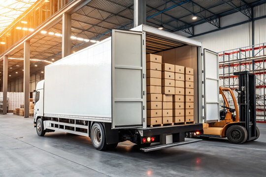 Large White Truck with Open Back Door &ndash; Optimized Delivery with Packed Boxes

