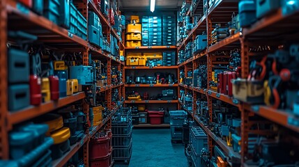 A well-organized tool storage room showcasing various power tools and equipment on shelves